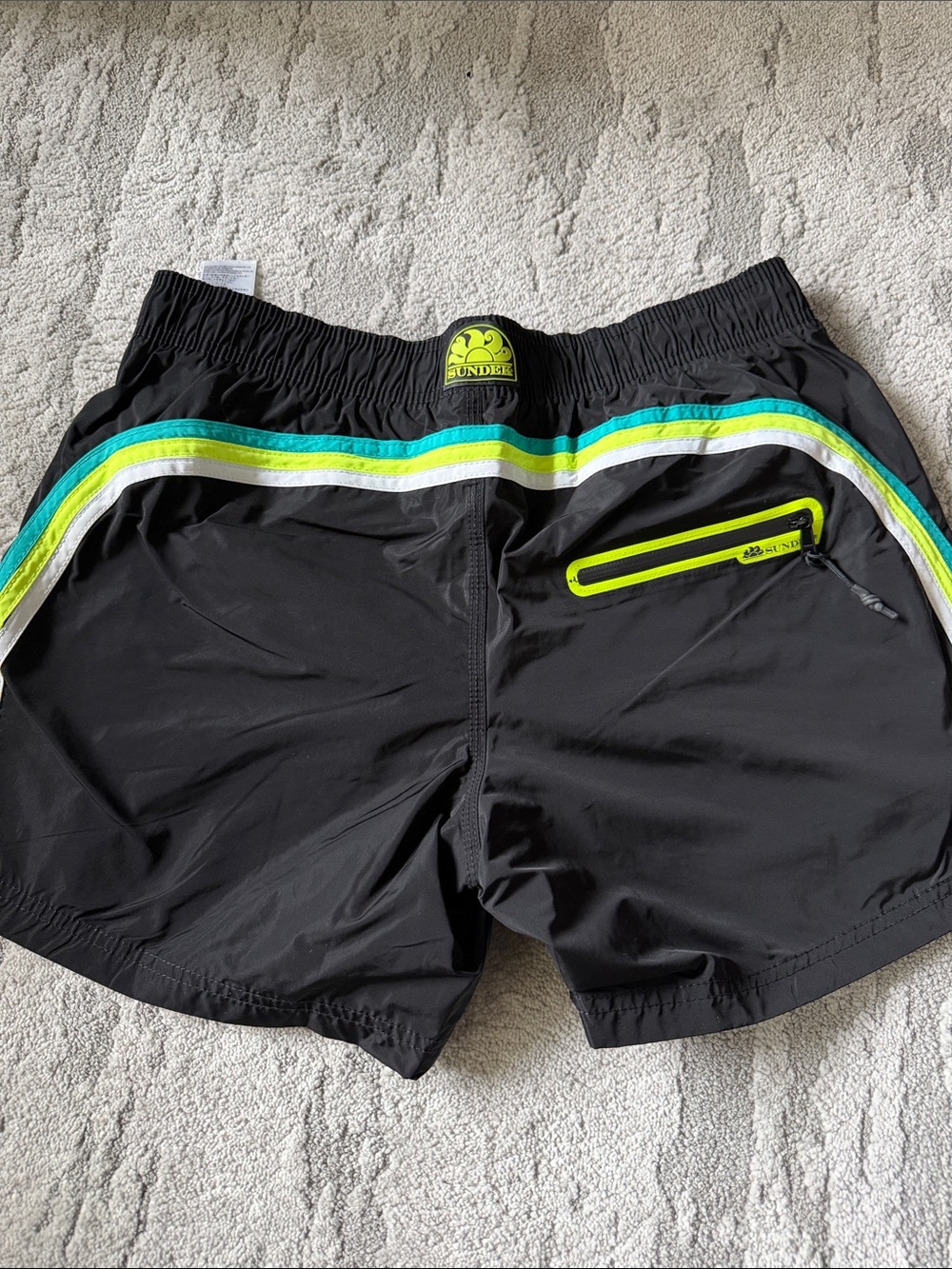 Sundek Black Swim Trunks with Neon Yellow and Teal Stripes - medium